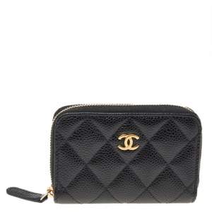 Chanel Black Quilted Caviar Leather CC Logo Coin Zip Around Wallet