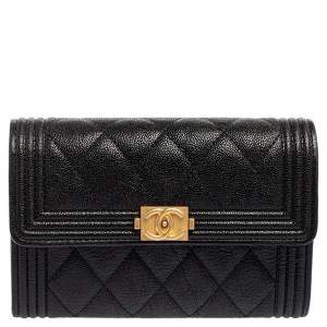 Pre Owned Chanel Black Quilted Caviar Leather Boy Wallet
