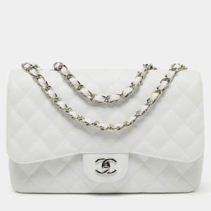 مملوكة مسبقًا Chanel White Quilted Caviar Leather Jumbo Classic Single Flap Bag