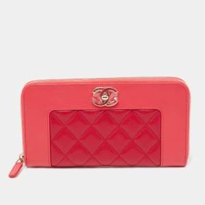 Pre Owned Chanel Pink Quilted Leather Mademoiselle Zip Around Wallet