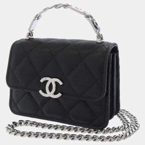Pre Owned Chanel Black Caviar Leather Enamel Mini Chain Top Handle Bag 