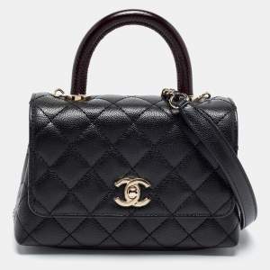 Pre Owned Chanel Black Quilted Caviar Leather Extra Mini Coco Handle Bag