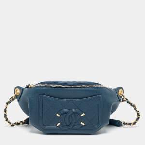 Pre Owned Chanel Blue Quilted Caviar Leather Filigree Belt Bag