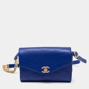 Pre Owned Chanel Blue Chevron Stitched Leather Small Coco Waist Bag
