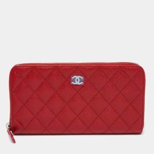 Pre Owned Chanel Red Quilted Caviar Leather Zip Around Wallet Organizer