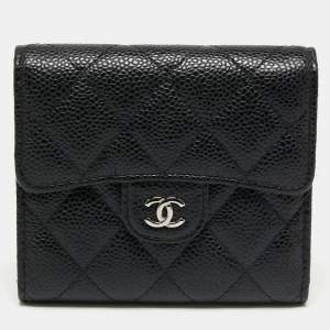 Pre Owned Chanel Black Quilted Caviar Leather Classic Trifold Flap Wallet