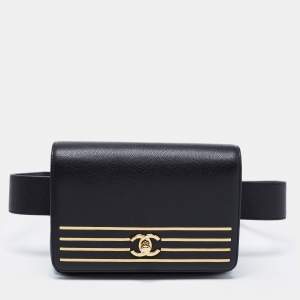 Pre Owned Chanel Black Caviar Leather Captain Gold Waist Bag
