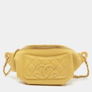 Pre Owned Chanel Yellow Quilted Caviar Leather Filigree Waist Bag