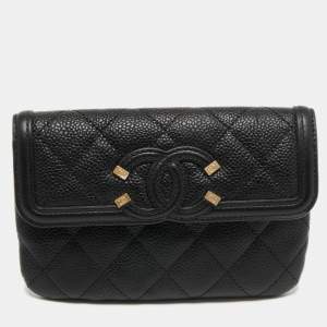 Pre Owned Chanel Black Quilted Caviar Leather Boy Flap Wallet