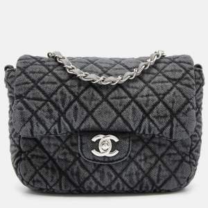 Pre Owned Chanel Grey/Black Quilted Washed Denim Small Denimpression Flap Bag