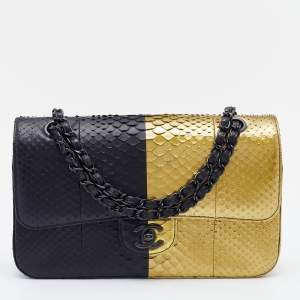 Pre Owned Chanel Gold/Black Python Medium Classic Double Flap Bag