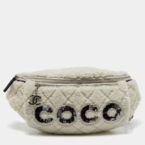 Chanel Off White Shearling and Tweed Coco Belt Bag