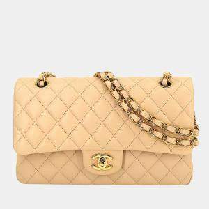 Pre Owned Chanel Beige Leather Small Classic Double Flap Shoulder Bag
