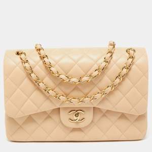 Chanel Beige Quilted Lambskin Leather Jumbo Classic Double Flap Bag