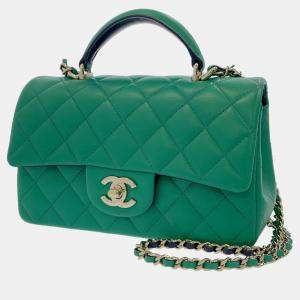 Chanel Green Leather Mini Top Handle Classic Flap Bag