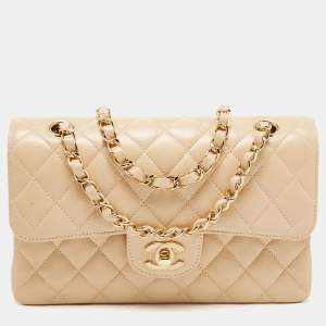 Pre Owned Chanel Light Beige Quilted Caviar Leather Small Classic Double Flap Bag