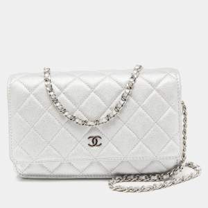 Chanel Silver Quilted Patent Leather CC Wallet on Chain