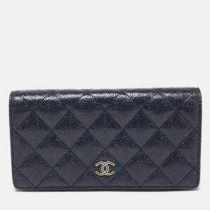 Chanel Navy Blue Camelia Embossed Leather CC Continental  Wallet