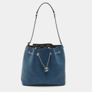 Pre Owned Chanel Blue Quilted Caviar Perforated Leather CC Drawstring Bag