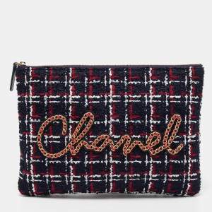 Pre Owned Chanel Multicolor Tweed Signature Zip Pouch