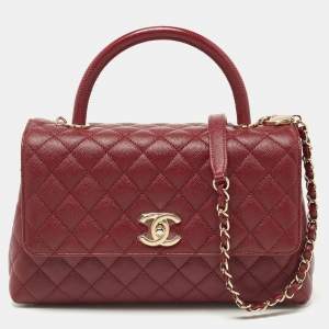 Pre Owned Chanel Red Caviar Leather and Lizard Embossed Leather Medium Coco Top Handle Bag
