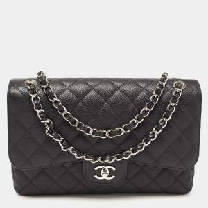 Pre Owned Chanel Black Quilted Caviar Leather Jumbo Classic Double Flap Bag