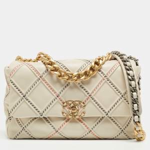 Pre Owned Chanel Light Beige Quilted Wild Stitched Leather Large 19 Flap Bag