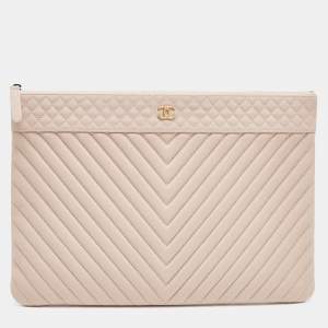 Pre Owned Chanel Blush Pink Chevron Caviar Leather Large O-Case Zip Pouch