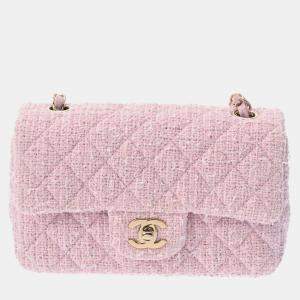 Chanel Pink Tweed, Leather Small Classic Single Flap Shoulder Bags