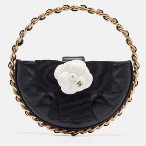 Chanel Black Quilted Leather Mini Round Camellia Clutch