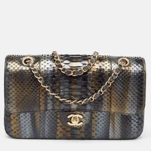 Pre Owned Chanel Metallic Tricolor Python Medium Classic Double Flap Bag 