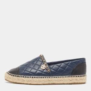 Chanel Navy Blue/Black Quilted Leather CC Chain Detail Espadrille Flats Size 39
