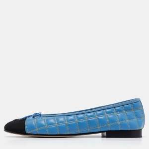 Pre Owned Chanel Blue/Black Quilted Leather and Canvas CC Cap Toe Bow Ballet Flats Size 39