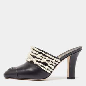Chanel Black Leather Pearl Embellished Mules Size 38