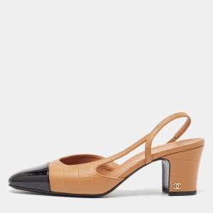 Chanel Brown/Black Leather and Croc Embossed CC  Slingback Pumps Size 39.5