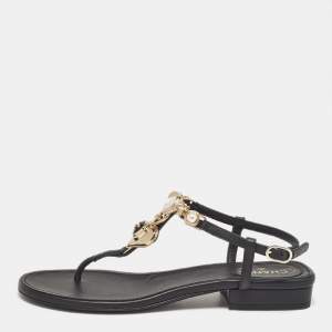 Chanel Black Leather CC Ankle Strap Sandals Size 36