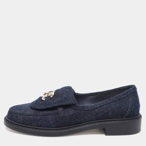 Chanel Navy Blue Denim CC Turnlock Loafers Size 36