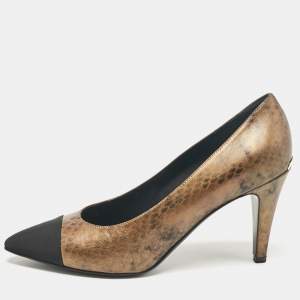 Chanel Brown/Black Snake Print Leather and Canvas Cap Toe Pumps Size 41.5