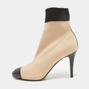 Chanel Beige/Black Knit Fabric and Patent Cap Toe CC Ankle Booties Size 39
