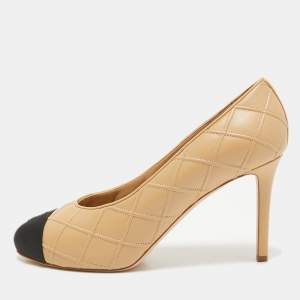 Pre Owned Chanel Beige/Black Quilted Leather and Canvas Cap Toe CC Pumps Size 40.5