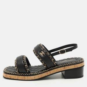 Chanel Black Leather Chain Link CC Cork Sandals Size 40C