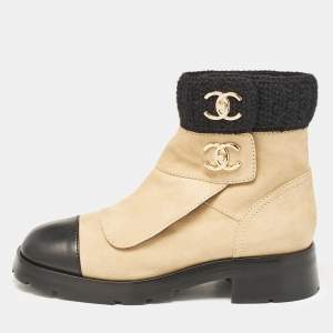 Chanel Beige/Black Suede and Leather CC Combat Boots Size 40.5