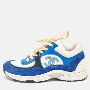 Pre Owned Chanel Blue/White Suede and Neoprene CC Low Top Sneakers Size 36