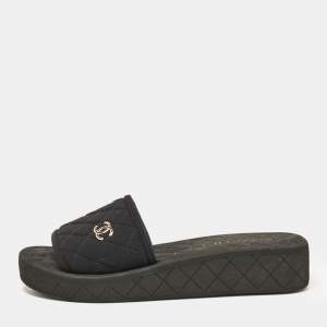 Chanel Black Quilted Neoprene CC Slide Sandals Size 36