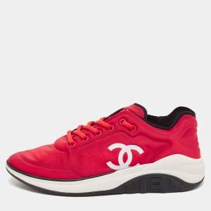Chanel Red Nylon CC Lace Up Sneakers Size 39.5