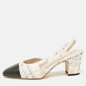 Chanel White/Black Canvas and Fabric CC Slingback Block Heel Pumps Size 38