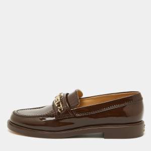 Chanel Brown Patent Leather Interlocking CC Logo Slip On Loafers Size 38.5