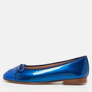 Pre Owned Chanel Blue Patent and Leather CC Cap Toe Bow Ballet Flats Size 35.5
