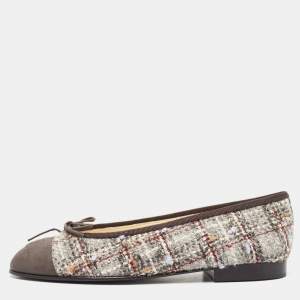 Chanel Grey Tweed and Suede CC Cap Toe Bow Ballet Flats Size 35.5