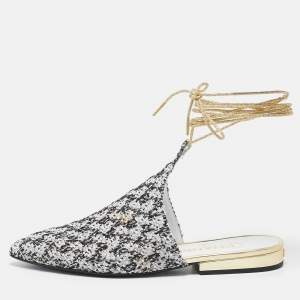 Chanel White/Black Sequin and Tweed Ankle Wrap Flat Mules Size 36.5